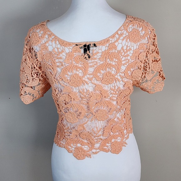 Lace Crop Top Mesh Womens Medium Cotton Peach Fairy Y2K Style Festival Boho Top - Picture 4 of 12